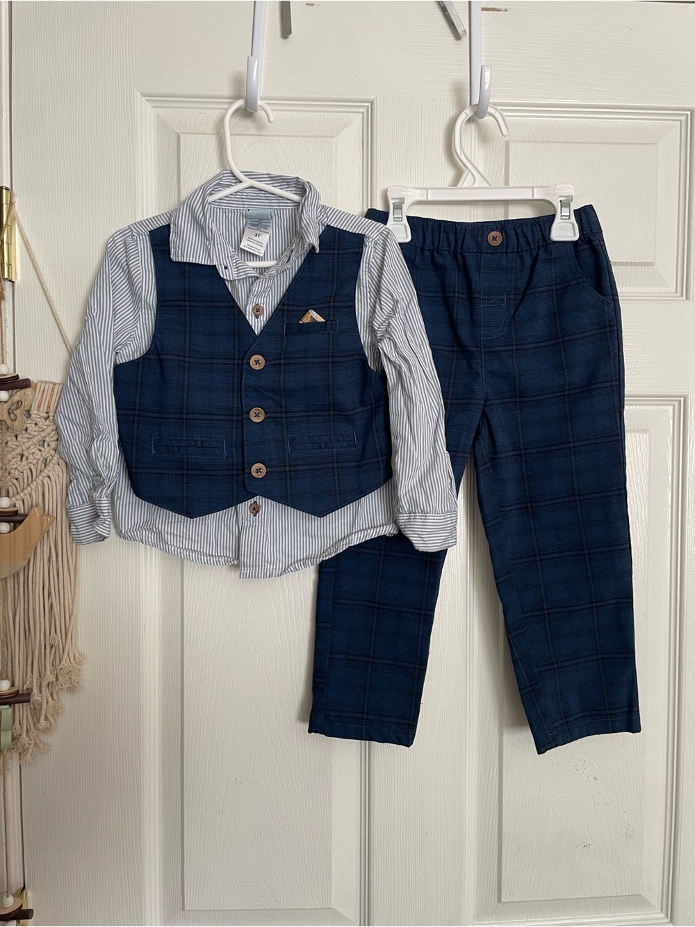 Little Lad 100% Cotton Boys size 3T Navy Plaid Vest & Pants Set w Stripe Shirt
